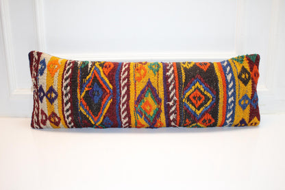Vintage Kilim Lumbar Pillow Cover, Tribal Geometric Wool Cushion (12x36 in)