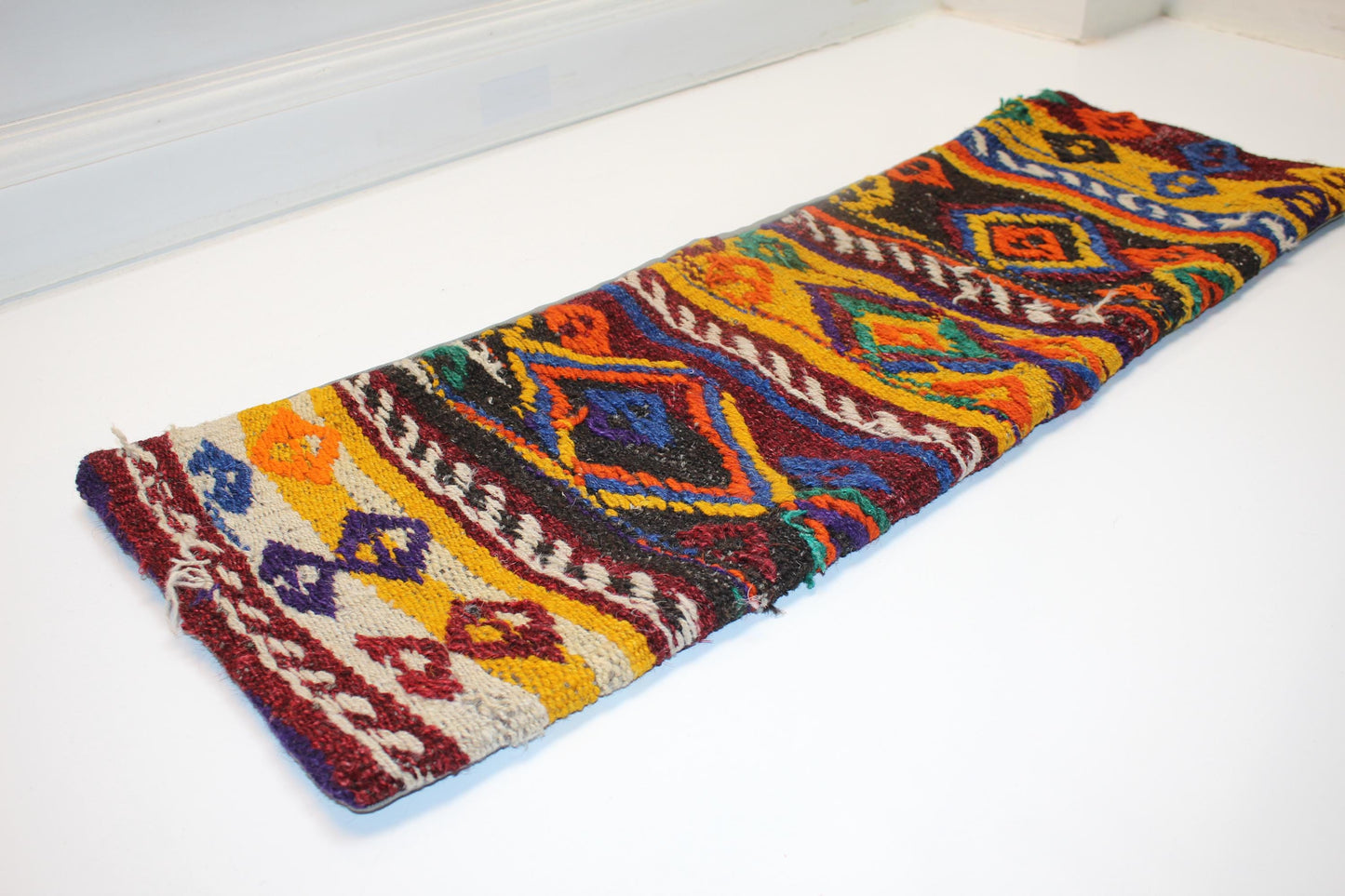 Vintage Kilim Lumbar Pillow Cover, Tribal Geometric Wool Cushion (12x36 in)