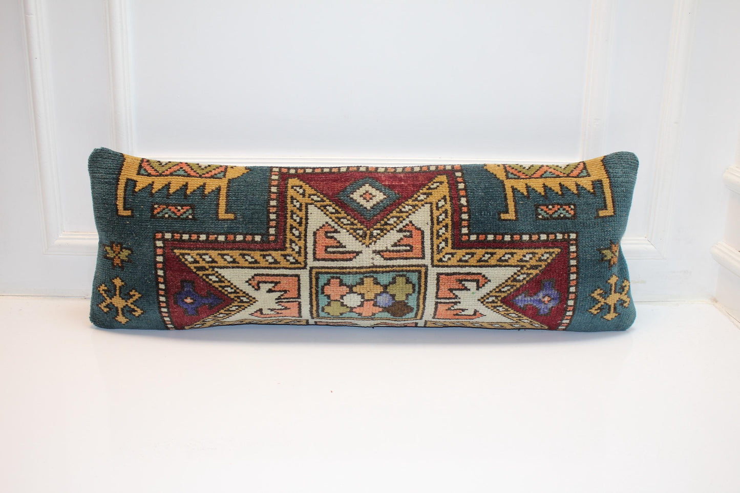 Vintage Turkish Kilim Lumbar Pillow Cover, Petrol Green Geometric Cushion (12x36 in)