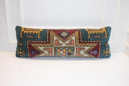 Vintage Turkish Kilim Lumbar Pillow Cover, Petrol Green Geometric Cushion (12x36 in)