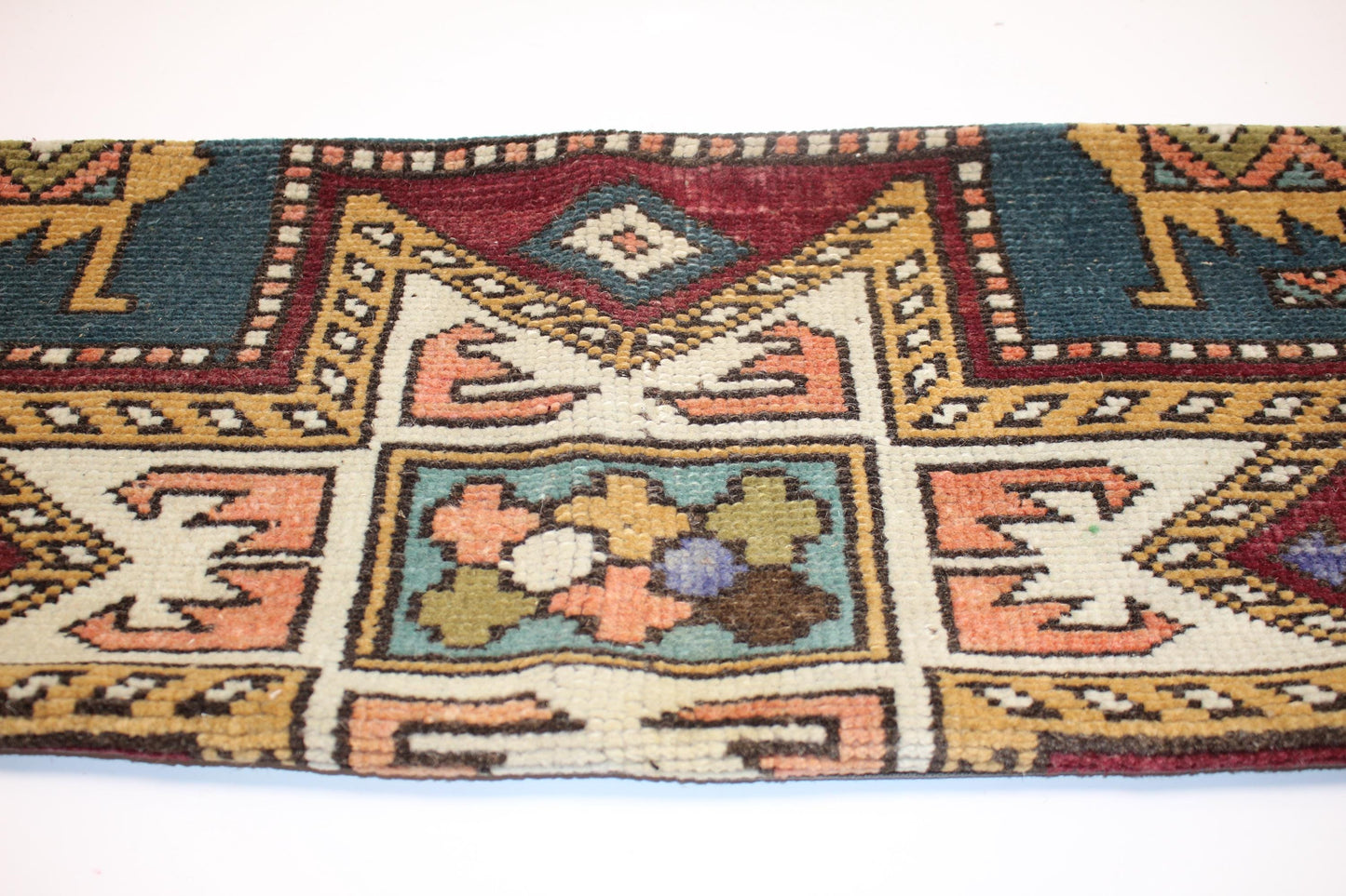 Vintage Turkish Kilim Lumbar Pillow Cover, Petrol Green Geometric Cushion (12x36 in)