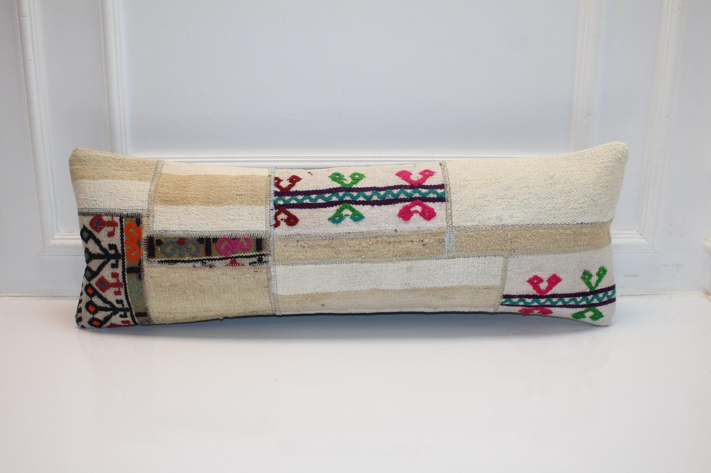 Vintage Turkish Kilim Patchwork Lumbar Pillow, Cream and Beige Tribal Accent Cushion (12x36 in)