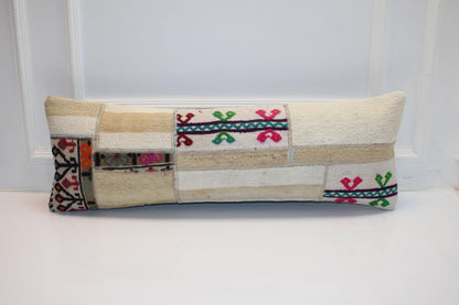 Vintage Turkish Kilim Patchwork Lumbar Pillow, Cream and Beige Tribal Accent Cushion (12x36 in)