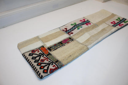 Vintage Turkish Kilim Patchwork Lumbar Pillow, Cream and Beige Tribal Accent Cushion (12x36 in)