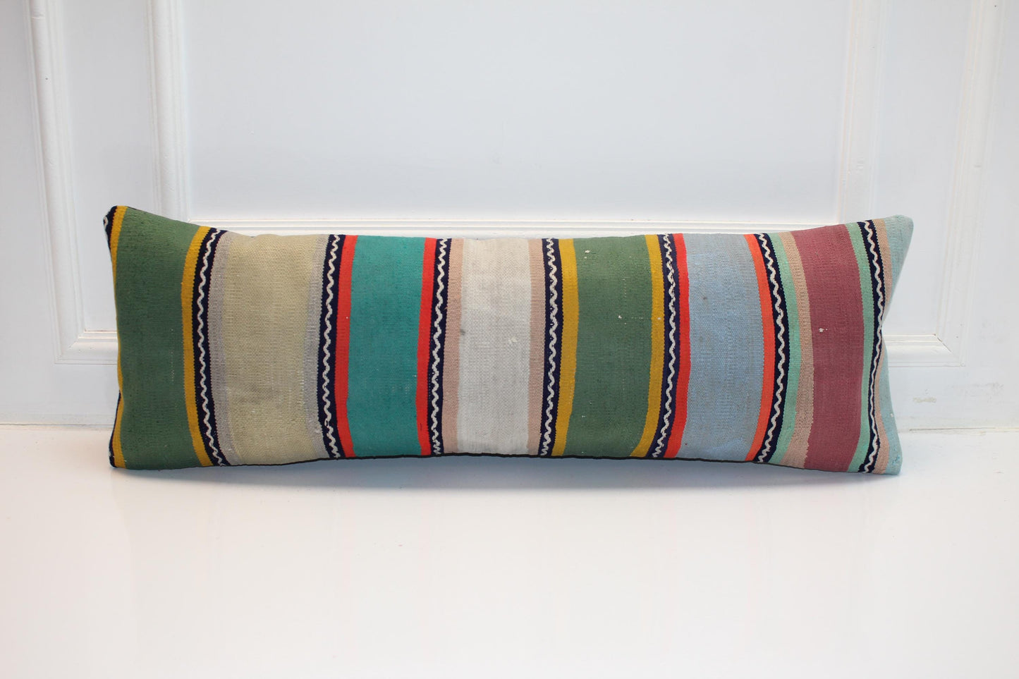 Vintage Turkish Kilim Lumbar Pillow Cover, Striped Boho Cushion (12x36 in)