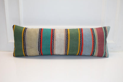 Vintage Turkish Kilim Lumbar Pillow Cover, Striped Boho Cushion (12x36 in)