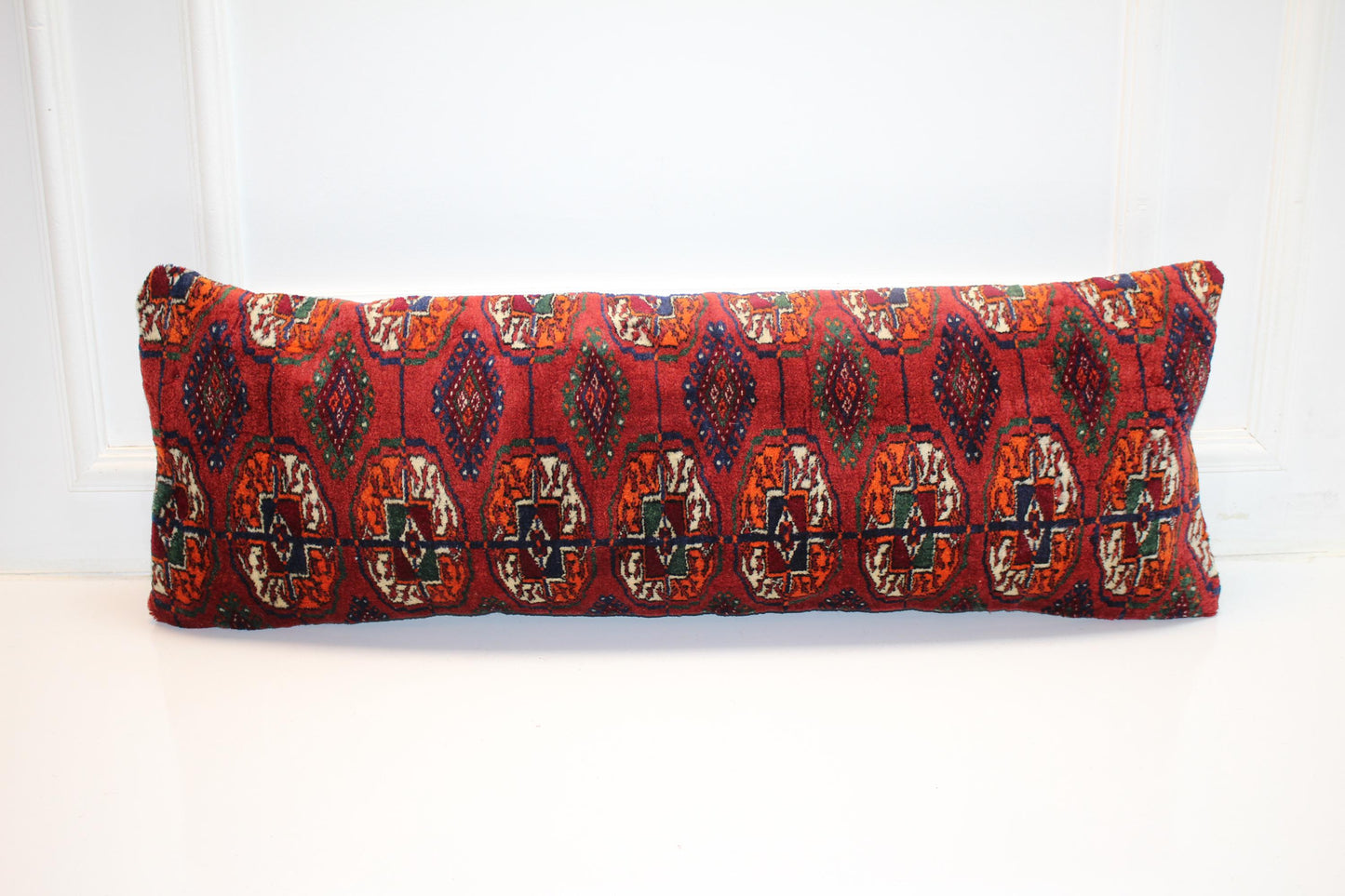 Vintage Turkish Persian Kilim Lumbar Pillow, Red Tribal Woven Cushion(12x36 in)