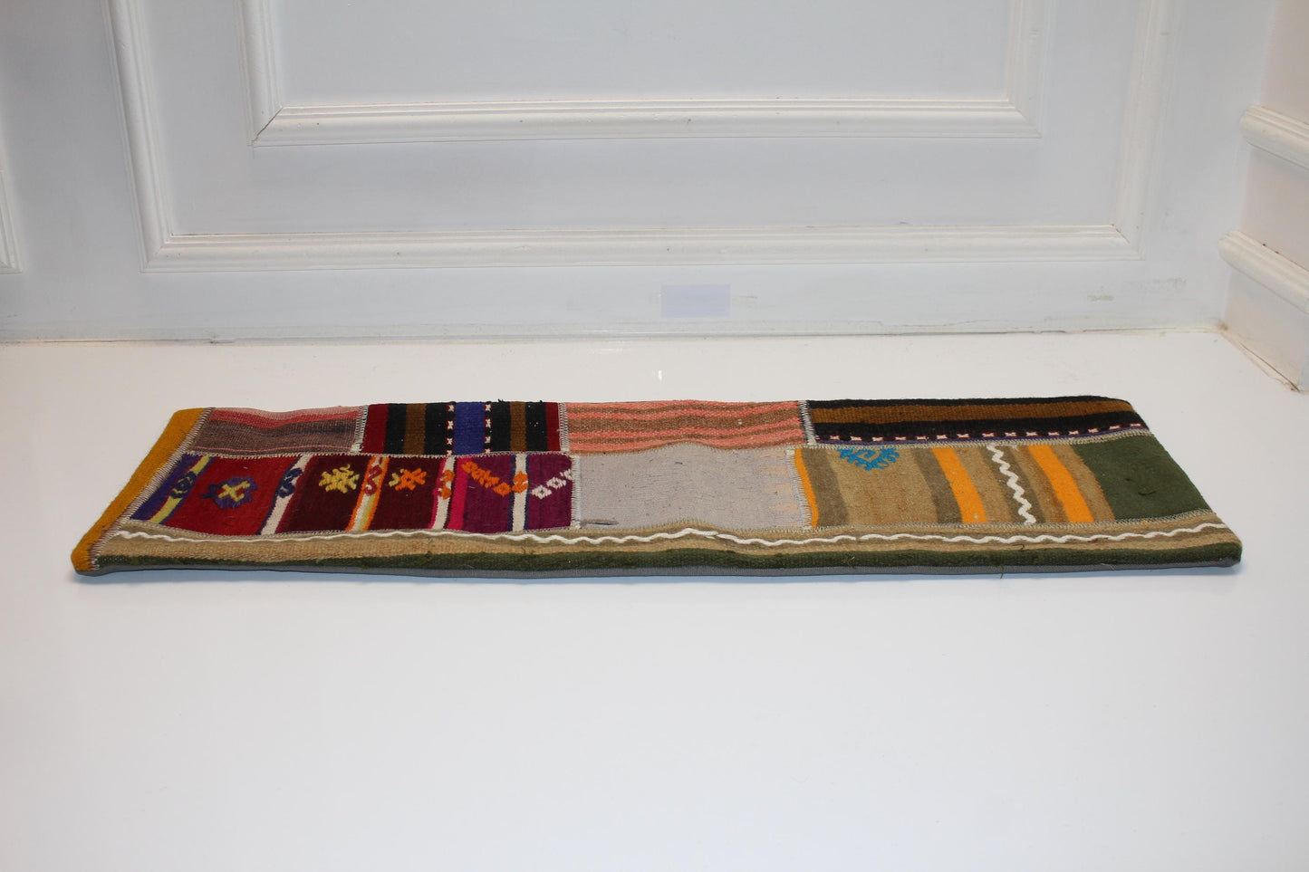 Handmade Kilim Lumbar Pillow Cover, Patchwork Tribal Cushion (12x36 in)