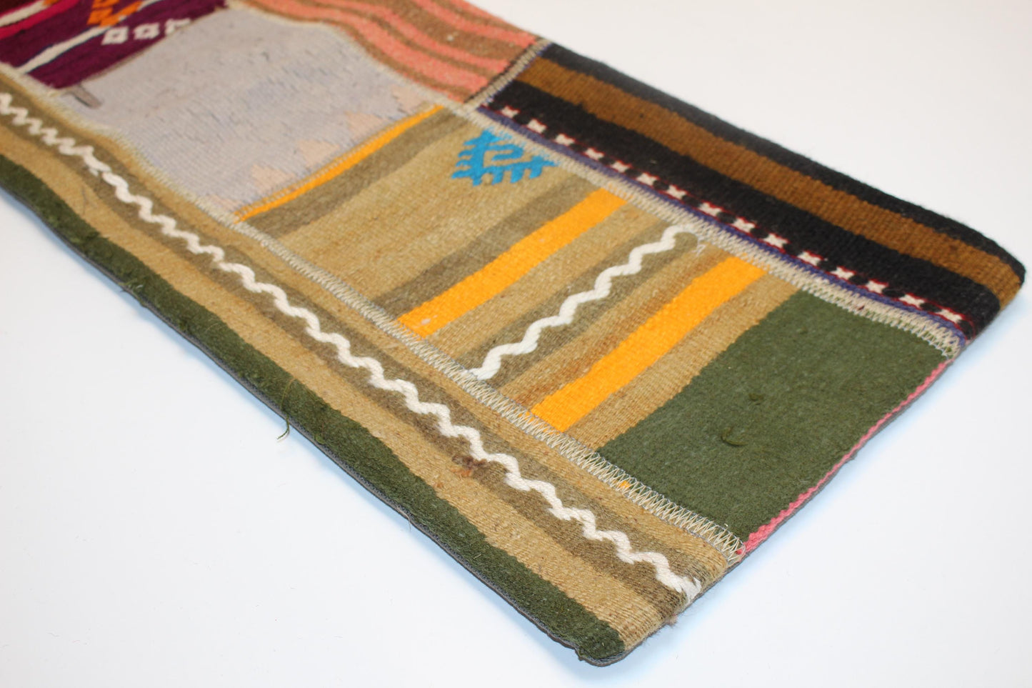 Handmade Kilim Lumbar Pillow Cover, Patchwork Tribal Cushion (12x36 in)
