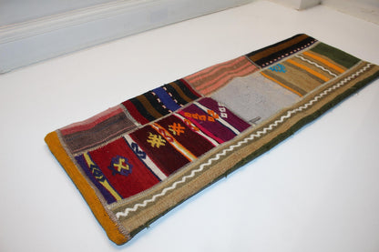 Handmade Kilim Lumbar Pillow Cover, Patchwork Tribal Cushion (12x36 in)