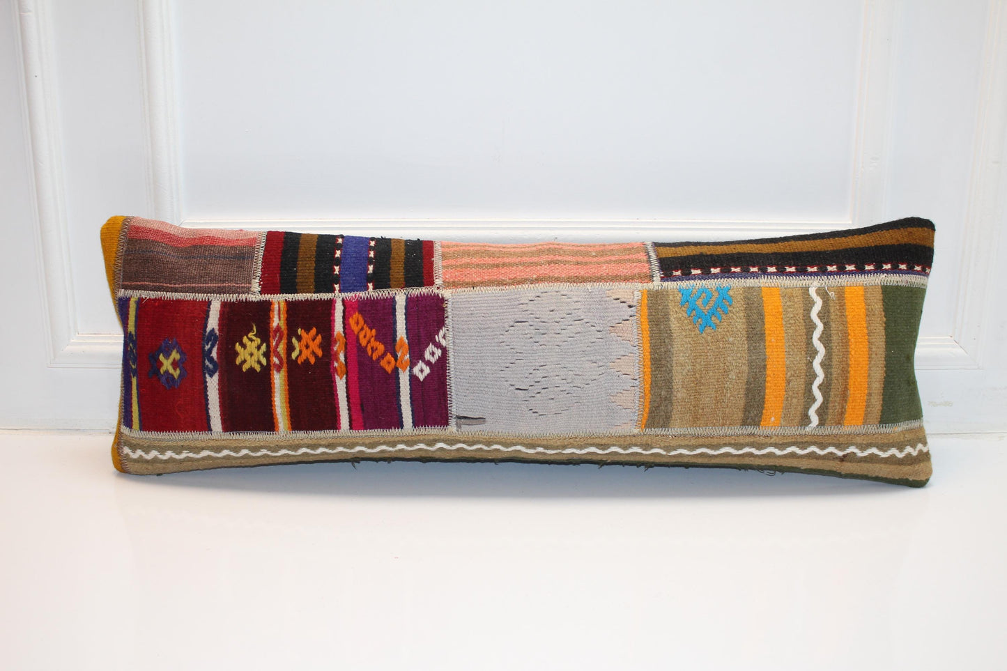 Handmade Kilim Lumbar Pillow Cover, Patchwork Tribal Cushion (12x36 in)