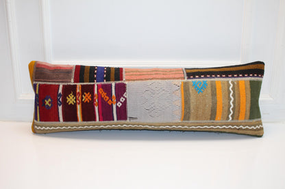 Handmade Kilim Lumbar Pillow Cover, Patchwork Tribal Cushion (12x36 in)
