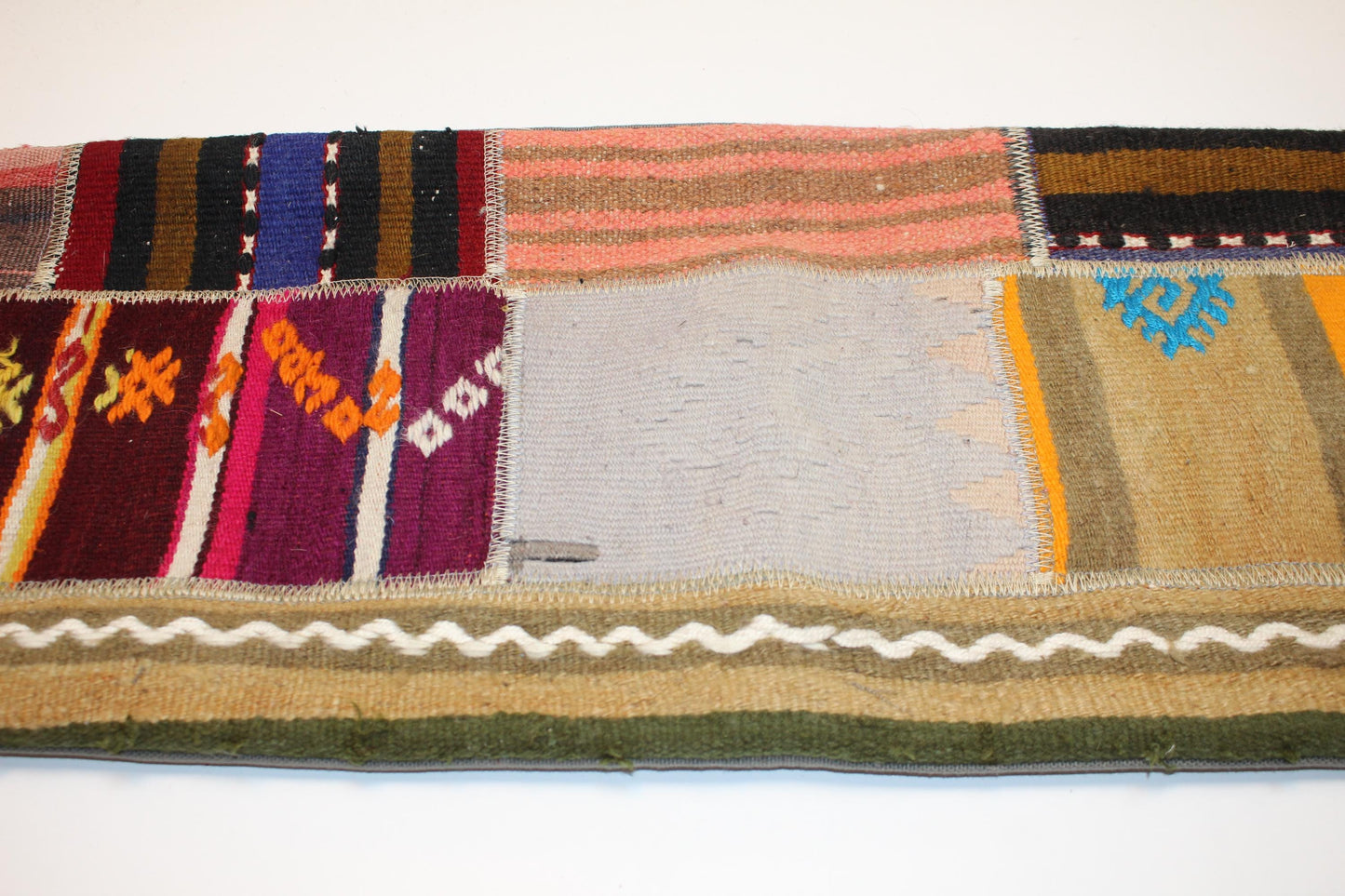 Handmade Kilim Lumbar Pillow Cover, Patchwork Tribal Cushion (12x36 in)