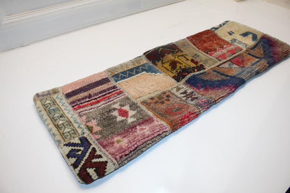 Vintage Turkish Kilim Lumbar Pillow Cover, Boho Patchwork Cushion (12x36 inch)