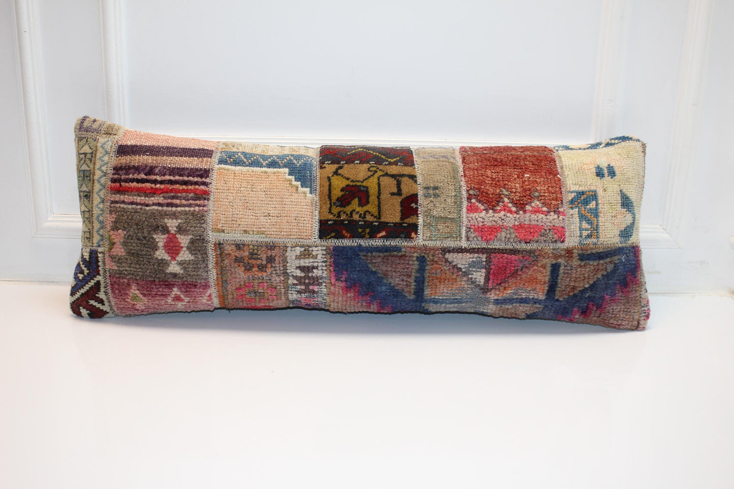 Vintage Turkish Kilim Lumbar Pillow Cover, Boho Patchwork Cushion (12x36 inch)