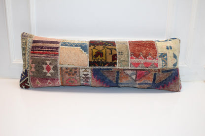 Vintage Turkish Kilim Lumbar Pillow Cover, Boho Patchwork Cushion (12x36 inch)