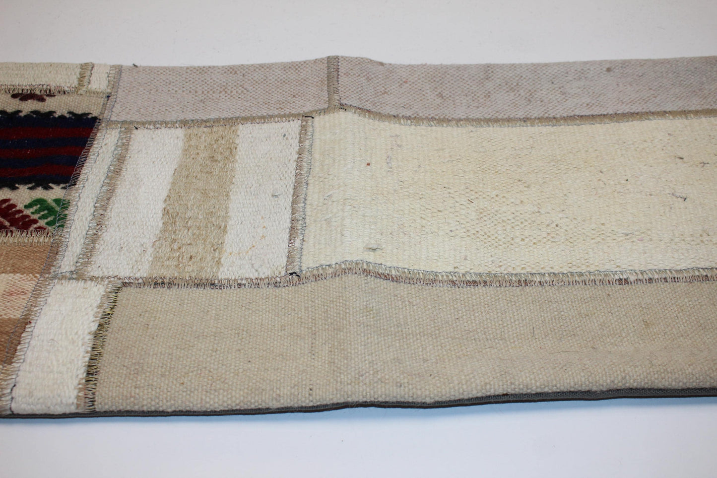 Vintage Turkish Rug Lumbar Pillow Cover, Cream Kilim Patchwork, Boho Bench Cushion (12x36 inch)