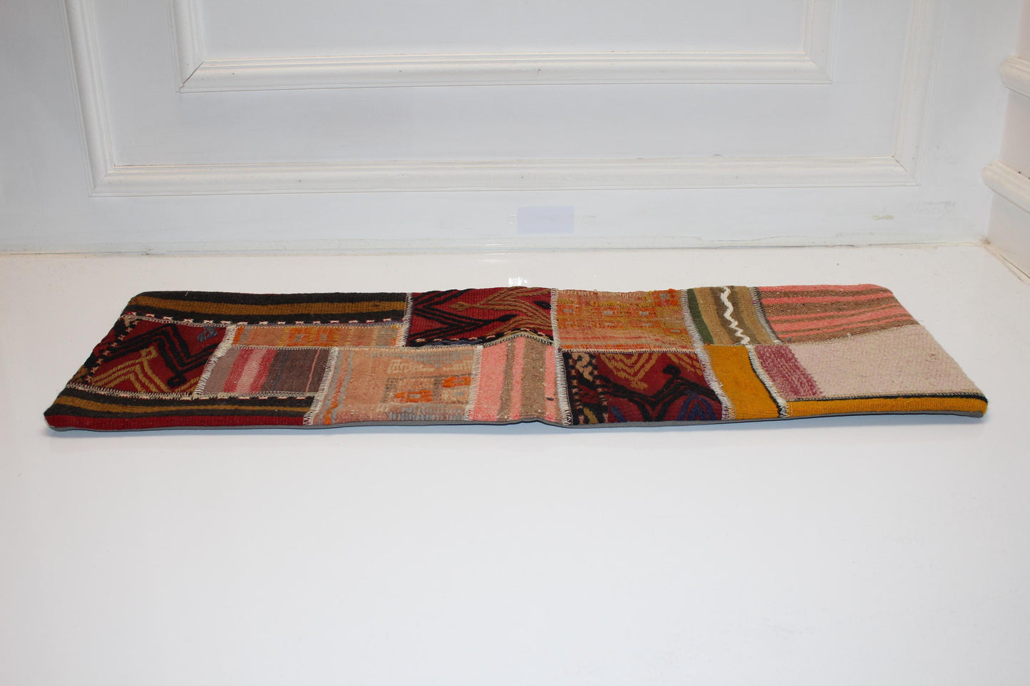 Vintage Turkish Kilim Lumbar Pillow Cover, Boho Patchwork Rug Cushion (12x36 inch)