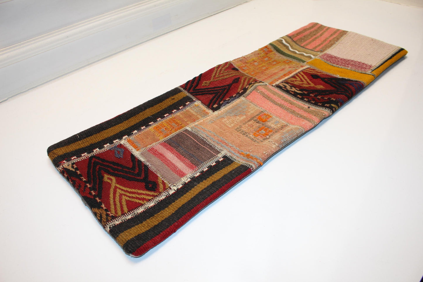 Vintage Turkish Kilim Lumbar Pillow Cover, Boho Patchwork Rug Cushion (12x36 inch)