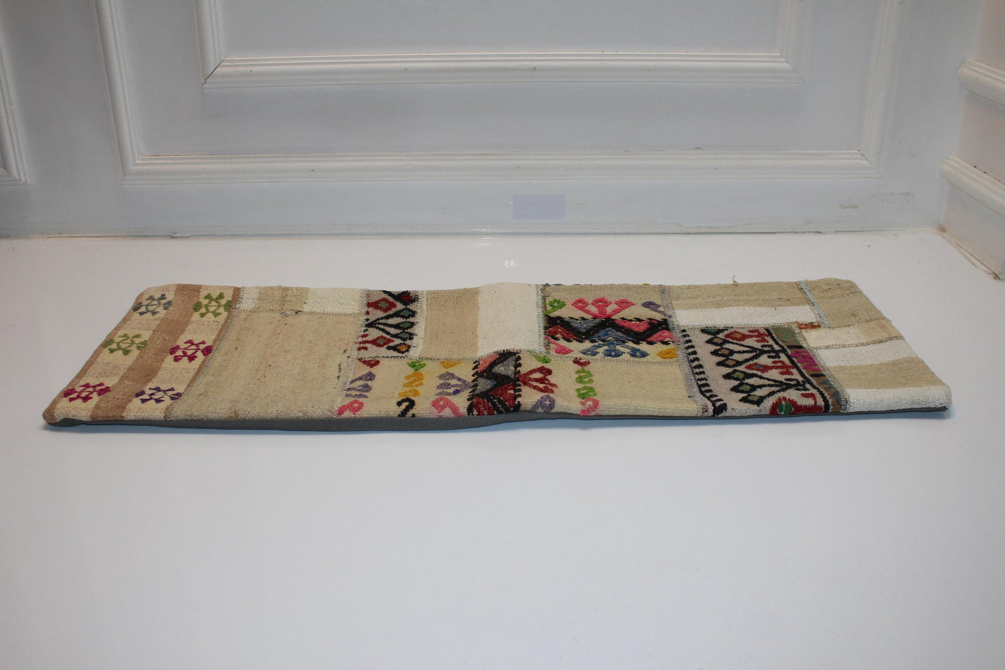 Vintage Turkish Lumbar Pillow Cover, Cream Kilim Patchwork, 12x36 inch