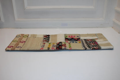 Vintage Turkish Lumbar Pillow Cover, Cream Kilim Patchwork, 12x36 inch