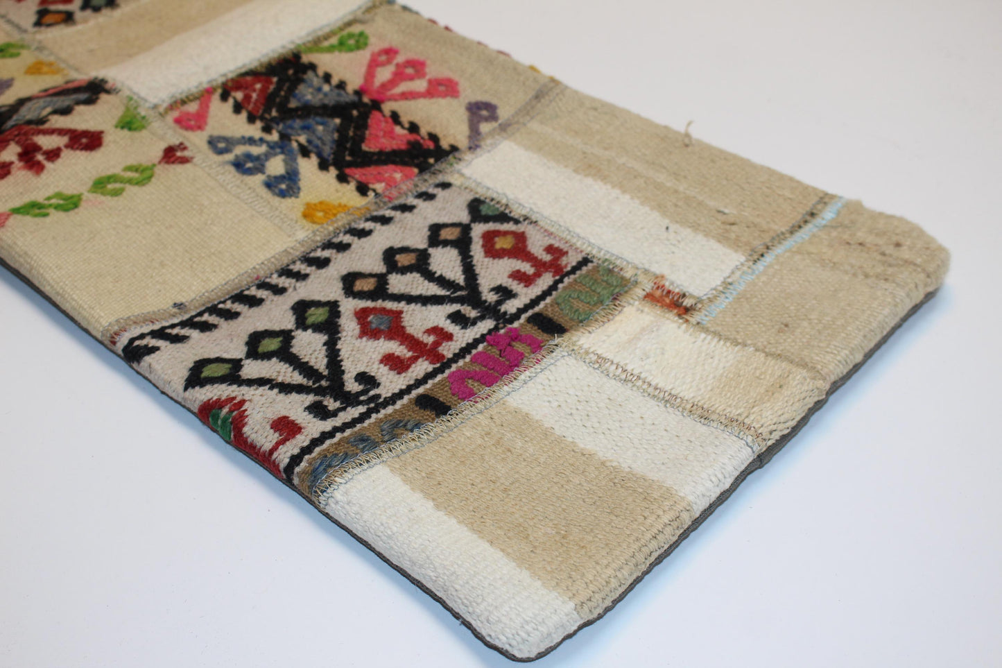 Vintage Turkish Lumbar Pillow Cover, Cream Kilim Patchwork, 12x36 inch