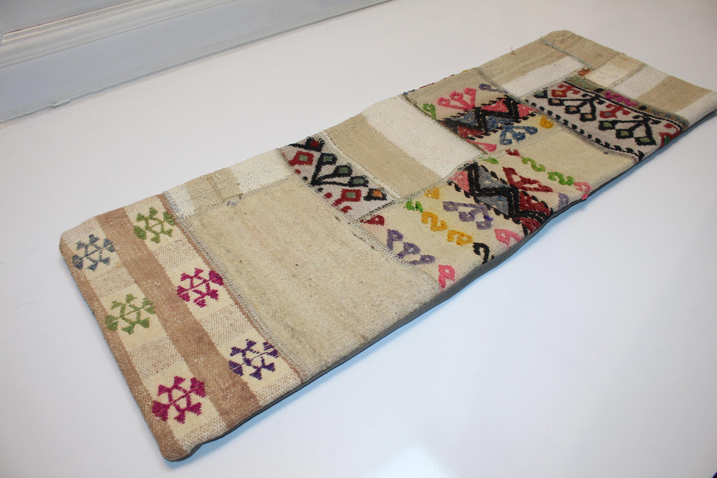 Vintage Turkish Lumbar Pillow Cover, Cream Kilim Patchwork, 12x36 inch