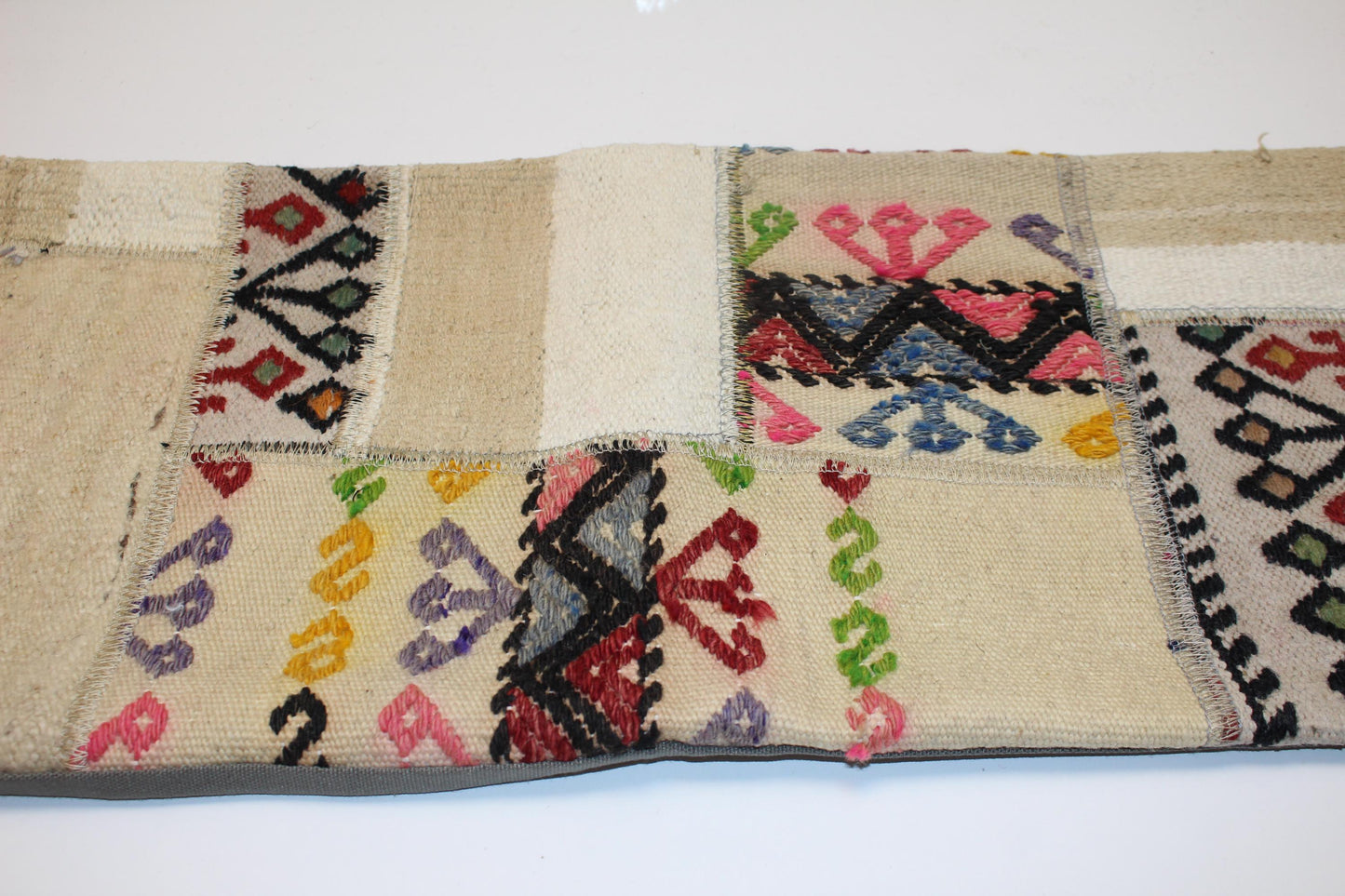 Vintage Turkish Lumbar Pillow Cover, Cream Kilim Patchwork, 12x36 inch