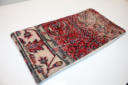Vintage Turkish Rug Pillow, Red Floral Kilim Lumbar Cushion (12x24 inch)