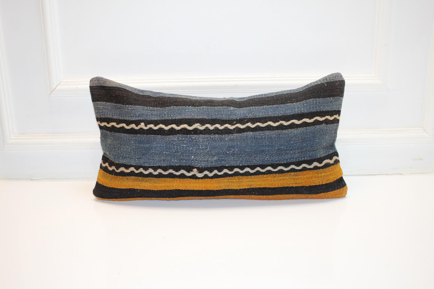Blue Mustard Kilim Pillow Cover, Striped Woven Lumbar Cushion (12x24 inch)