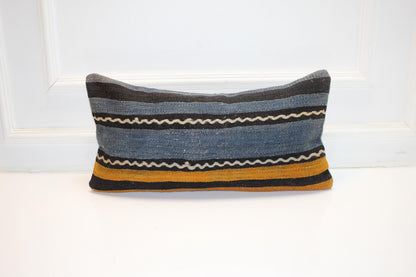 Blue Mustard Kilim Pillow Cover, Striped Woven Lumbar Cushion (12x24 inch)
