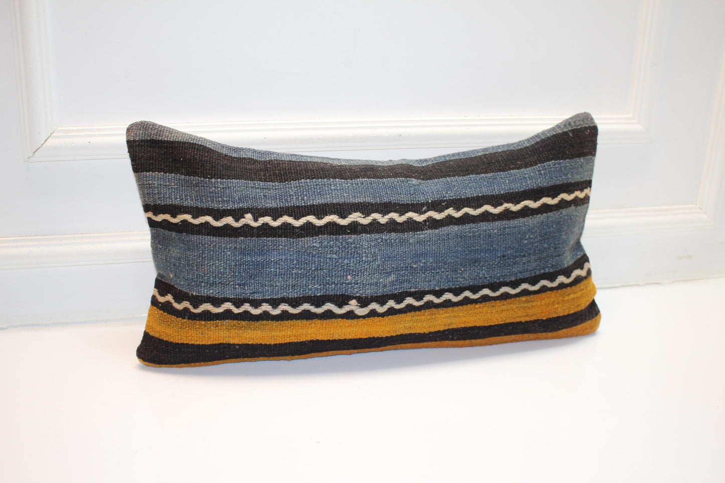 Blue Mustard Kilim Pillow Cover, Striped Woven Lumbar Cushion (12x24 inch)
