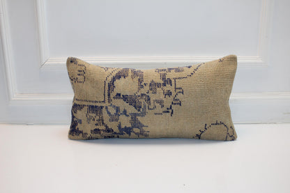 Vintage Turkish Kilim Pillow Cover, Beige Navy Floral Cushion (12x24 inch)