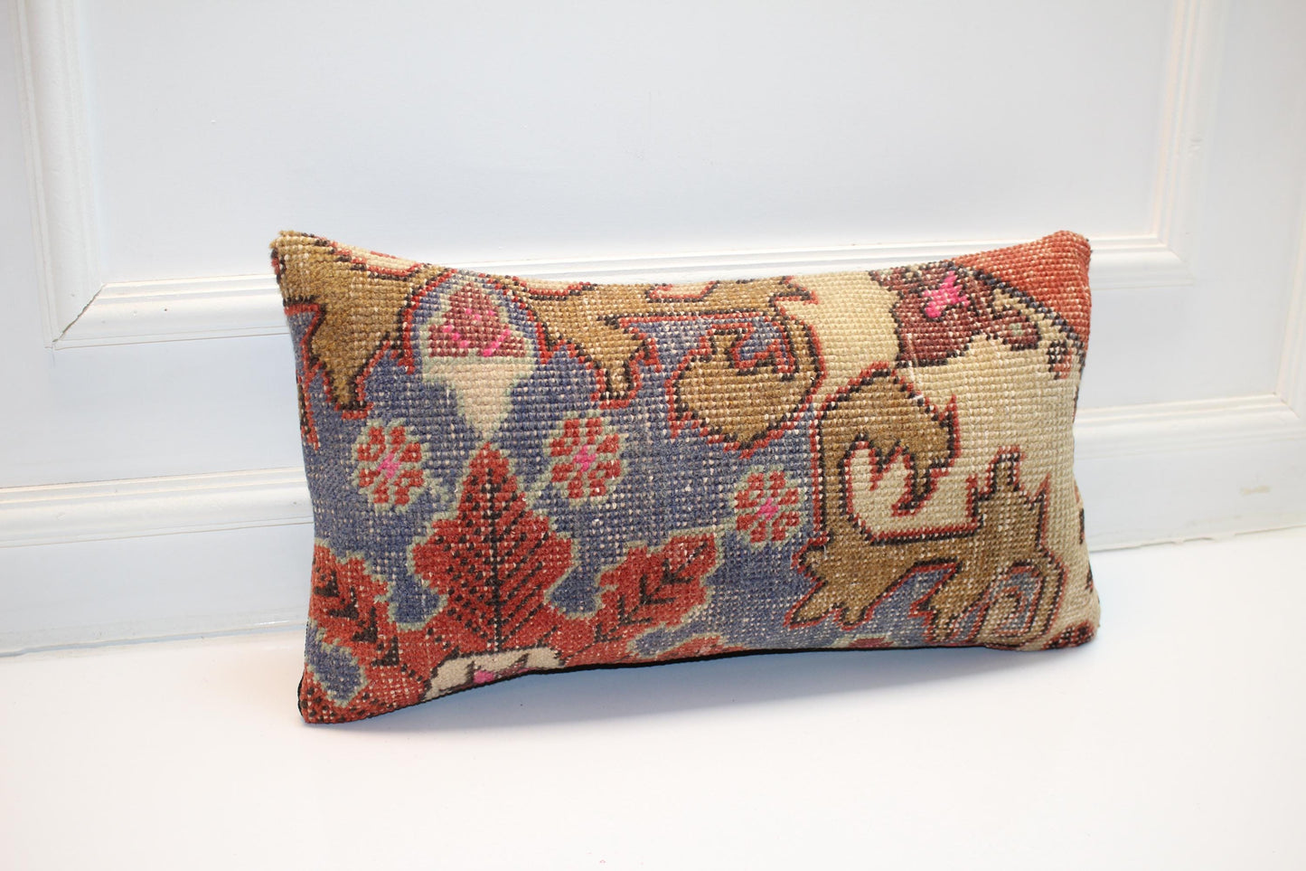 Vintage Turkish Kilim Pillow Cover, Floral Lumbar Cushion 12x24