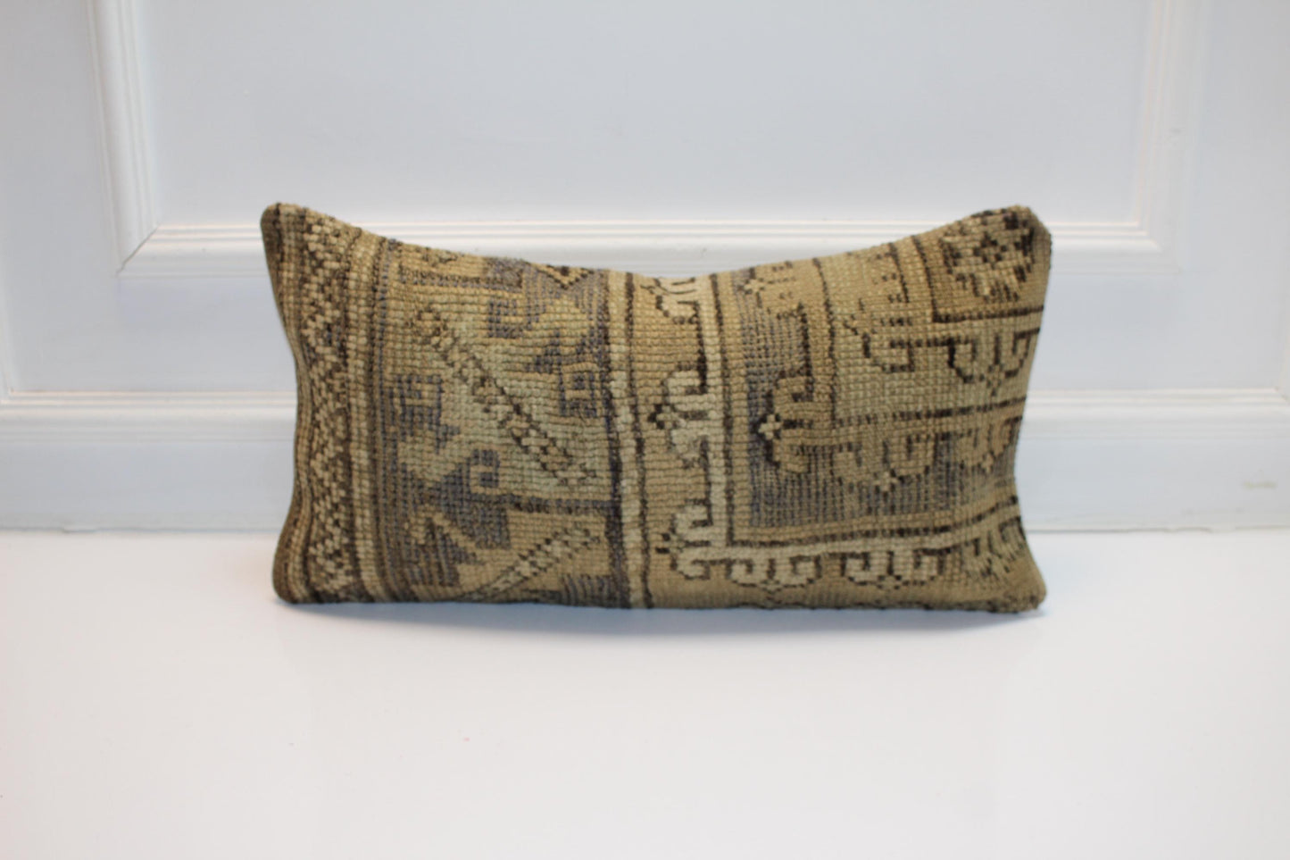 Handmade Kilim Pillow Cover, Brown Beige Geometric Cushion, 12x24 inch
