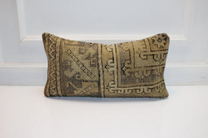 Handmade Kilim Pillow Cover, Brown Beige Geometric Cushion, 12x24 inch