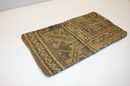 Handmade Kilim Pillow Cover, Brown Beige Geometric Cushion, 12x24 inch