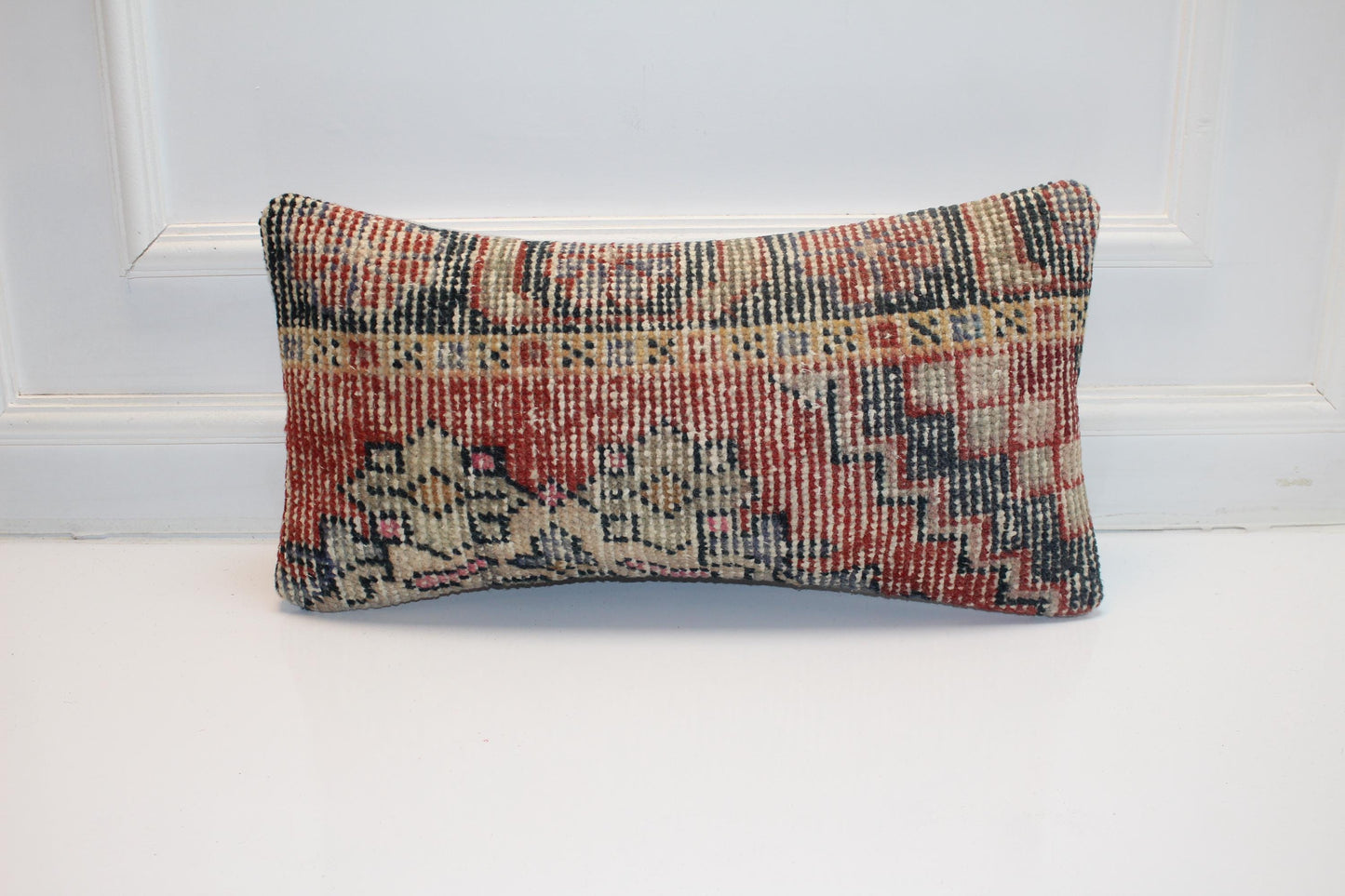 Vintage Turkish Kilim Pillow Cover, Red Navy Tribal Woven Wool, 12x24 inch