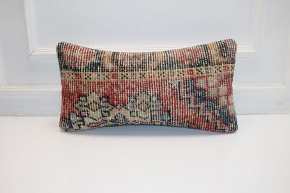 Vintage Turkish Kilim Pillow Cover, Red Navy Tribal Woven Wool, 12x24 inch