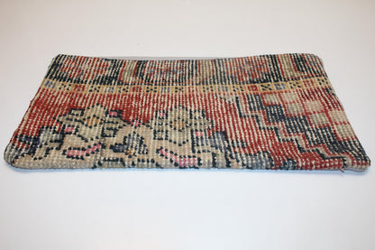 Vintage Turkish Kilim Pillow Cover, Red Navy Tribal Woven Wool, 12x24 inch