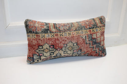 Vintage Turkish Kilim Pillow Cover, Red Navy Tribal Woven Wool, 12x24 inch