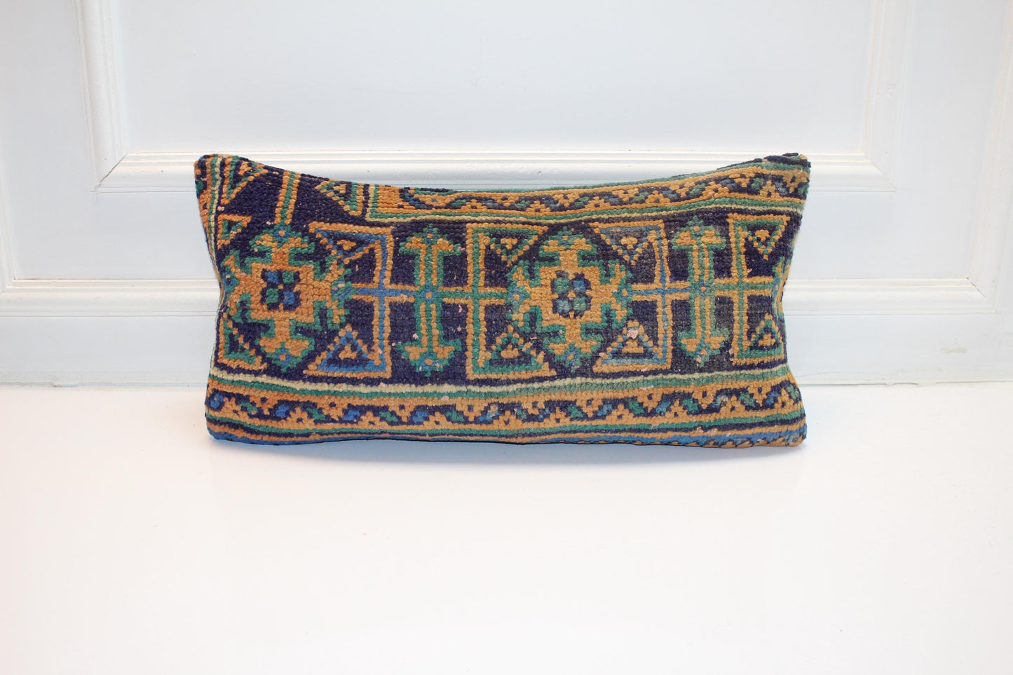 Vintage Turkish Kilim Pillow Cover, Navy Orange Geometric Woven Cushion (12x24 inch)