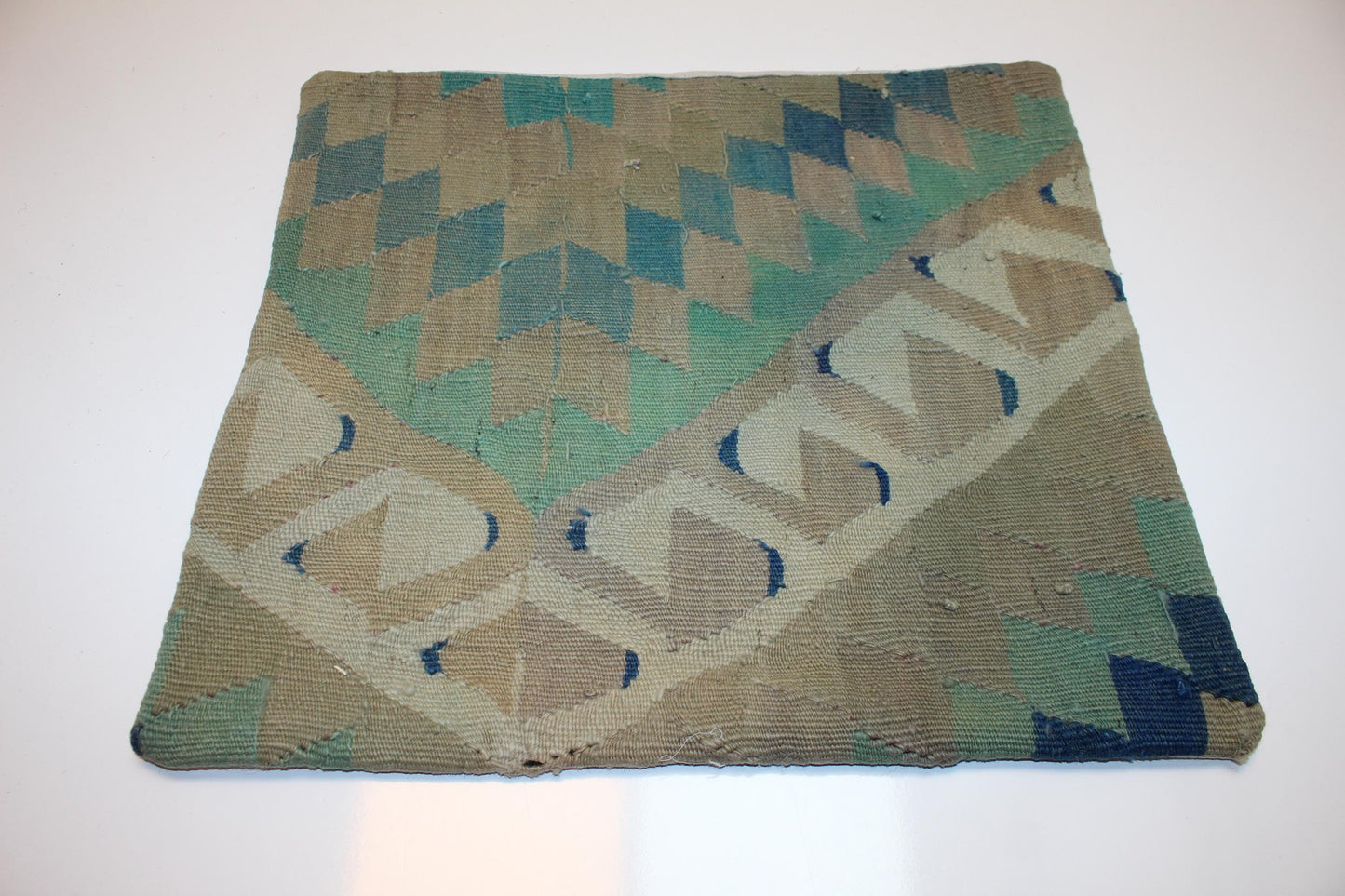 Green & Beige Turkish Rug Cushion, Geometric Anatolian Pattern, Boho Sofa, Bench Decor 20x20 inch