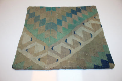 Green & Beige Turkish Rug Cushion, Geometric Anatolian Pattern, Boho Sofa, Bench Decor 20x20 inch