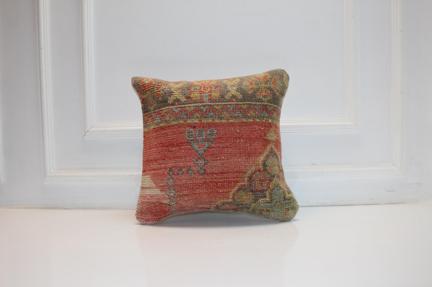 Tribal Symbols, Faded Red Anatolian Rug Cushion, Rustic Boho Ethnic Home Decor