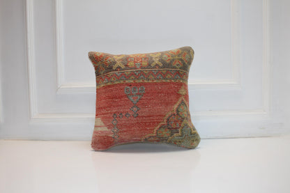 Tribal Symbols, Faded Red Anatolian Rug Cushion, Rustic Boho Ethnic Home Decor