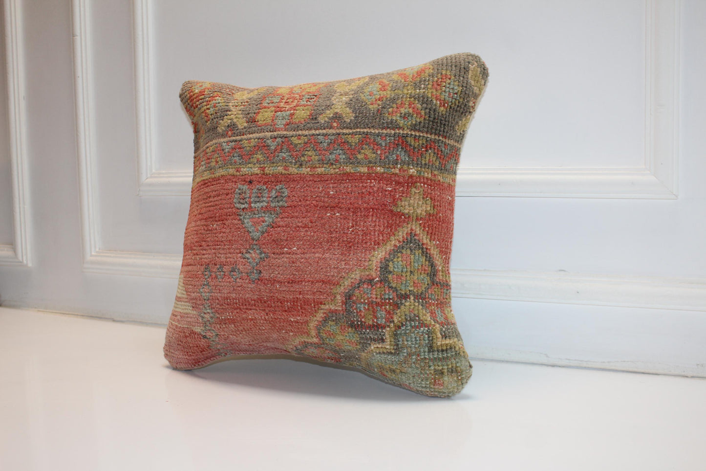 Tribal Symbols, Faded Red Anatolian Rug Cushion, Rustic Boho Ethnic Home Decor