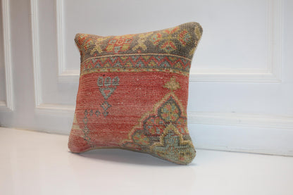 Tribal Symbols, Faded Red Anatolian Rug Cushion, Rustic Boho Ethnic Home Decor