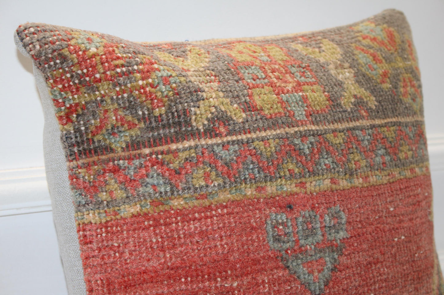 Tribal Symbols, Faded Red Anatolian Rug Cushion, Rustic Boho Ethnic Home Decor