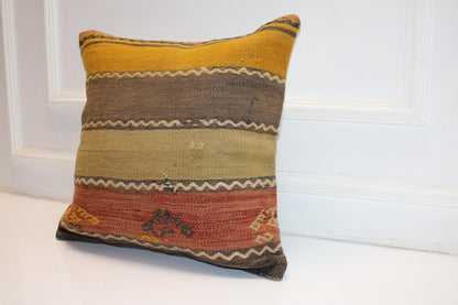 Striped Kilim Pillow Cover, Earth Tone Rug Cushion, Boho Decor